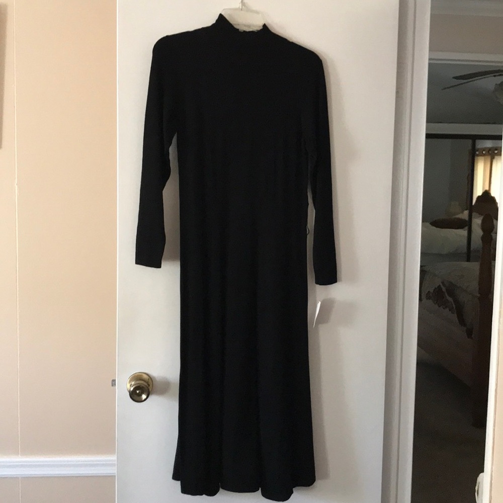 Long black sweater dress with high collar